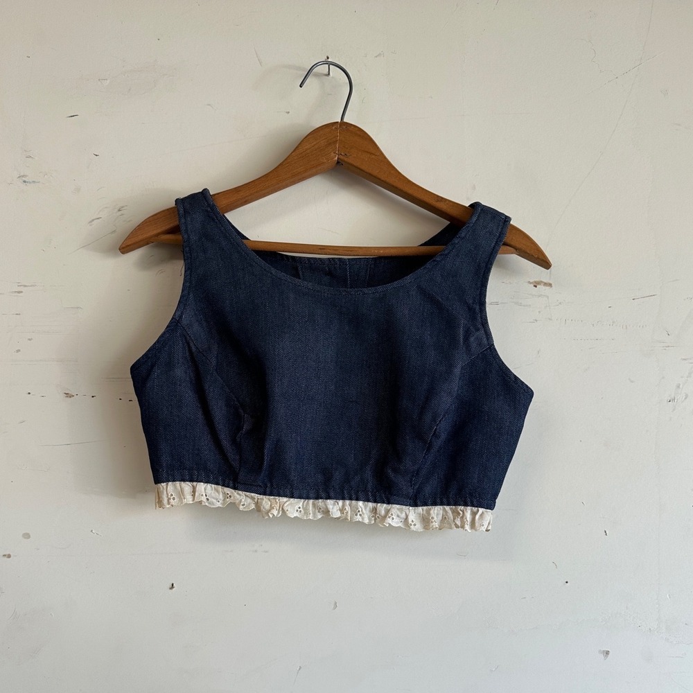 Vintage 50s 60s denim sun top with eyelet ruffle trim